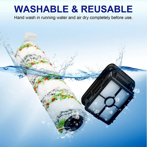 3 Pack Multi Surface Pet Hair Brush Rolls 2788 and 3 Pack Vacuum Filters 1866 for Bissell CrossWave Max shown in water