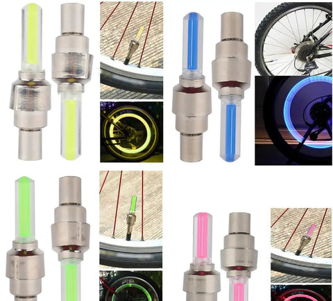 Image of LED Valve Cap Lights for Bike Wheel Lights ten pack with auto motion sensor, showing various color lights on bike wheels.