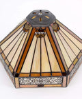 Tiffany Style Yellow Hexagon Pendant Light Fixture With Stained Glass, 12 Inch Wide Shade, intricate glass detail view.