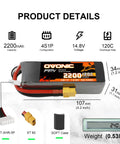 4S 14.8V 2200mAh 120C LiPo Battery With XT60 Connector for RC FPV Racing Drones and Quadcopters