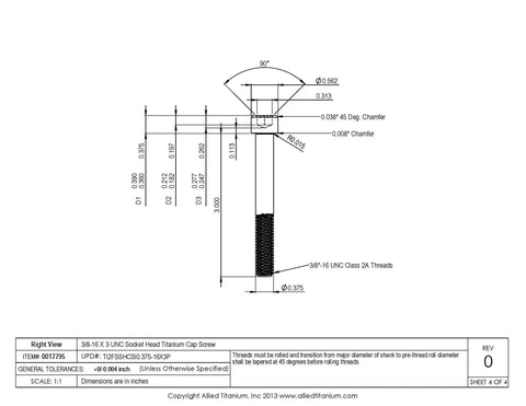 3/8 16 by 3 inch UNC socket head cap screw drawing for Pack Of Three 3/8 16 By 3 Inch Unc Socket Head Cap Screws Forged From Pure Grade 2 Titanium For Heavy Duty Builds And Saltwater Projects With Rust Busting Durability And Clean Polish.