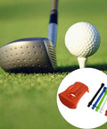 Golf club hitting a ball on a tee with inset showing Stable Base Golf Tees And Ball Holder For Home Practice Monitor Trainer Set