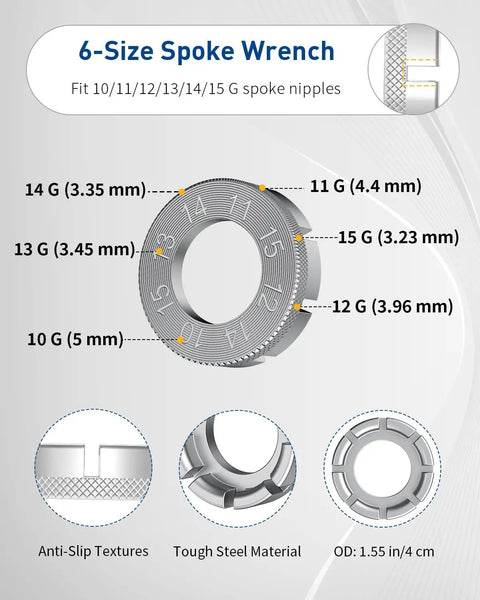 Diagram of Your Go To Bike Spoke Tool Kit With 2 Tire Levers, Universal 6 Size Spoke Wrenches For 10G To 15G showing dimensions