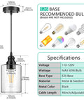 3 Pack Industrial Pendant Lights With Seeded Glass Shades, Black Farmhouse Ceiling Lighting for dimensions and specifications
