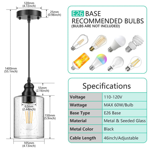 3 Pack Industrial Pendant Lights With Seeded Glass Shades, Black Farmhouse Ceiling Lighting for dimensions and specifications