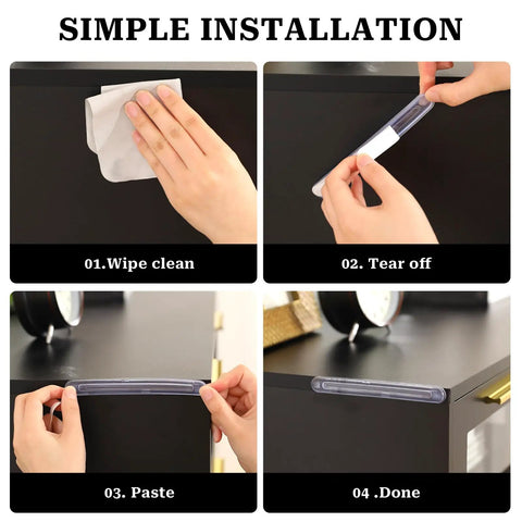 Rock Solid Silicone Cabinet Door Bumpers With Hella Strong Adhesive, Clear Furniture Protectors For Walls Drawers And Shower Doors, 6 Pack Easy Peel Stick Guards installation steps on a black cabinet.