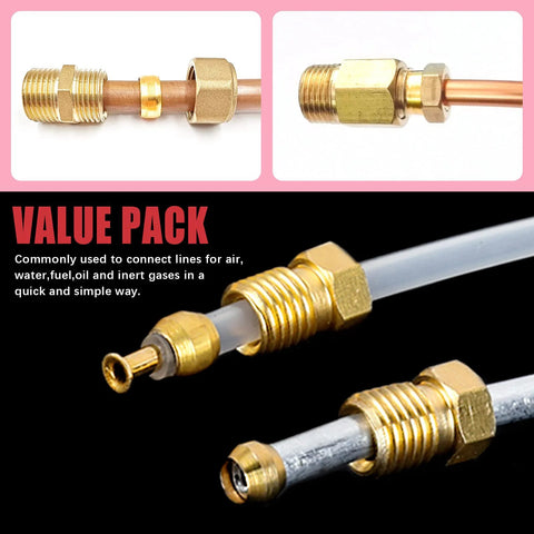 Hilitchi 8 sizes brass compression fittings kit with copper tube, 4–16 mm, 220 pcs, front view
Hilitchi brass compression fittings and ferrule on copper tube, side view
Hilitchi brass compression fittings installed on tubes, value pack