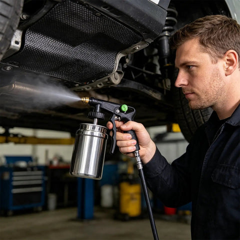 Top Tier Truck Undercoating Spray Guns Offer Heavy Duty Auto Body Sprayer Gear For Metal Rims And Frame With Smart Adjust Flow Nozzles spraying under a vehicle.