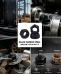 250 Piece Metric Nylon Lock Nut Assortment Kit M3 M4 M5 M6 M8 M10 with black carbon steel lock nuts in a workshop setting.
