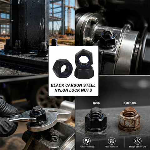 250 Piece Metric Nylon Lock Nut Assortment Kit M3 M4 M5 M6 M8 M10 with black carbon steel lock nuts in a workshop setting.