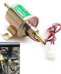 Heavy Duty 12V Low Pressure Fuel Supply Pump For Cars And Motorcycles Plunger Transfer Unit Gold finish with wires and connector.