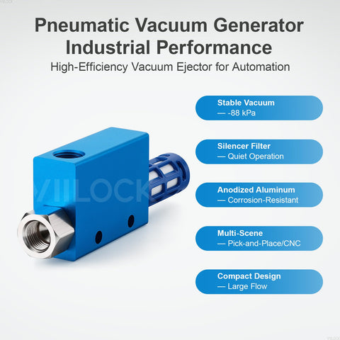 Pro-Grade Pneumatic Vacuum Ejector With Silencer And Aluminum Air Exhaust Valve For Industrial Automation CV-10 in blue aluminum