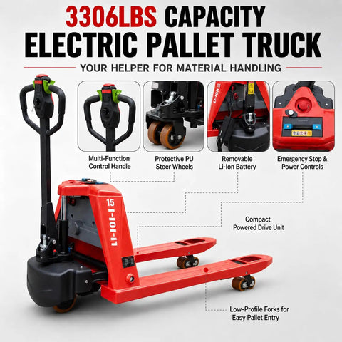 Heavy Duty Electric Pallet Jack Truck With Lithium Battery And 48 Inch Forks Lift Up To 3300 Lbs for material handling.