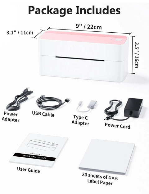 Bluetooth Thermal Label Printer For 4x6 Shipping Labels, Wireless, Small Biz Ready, Pink Color with included accessories