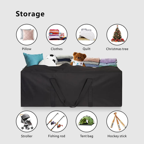 42 Inch Large Zippered Duffel Bag For Travel Camping And Sports Gear Waterproof Foldable Luggage With Padded Handles Be A Beast Of A Bag showing storage options with pillows, clothes, and toys