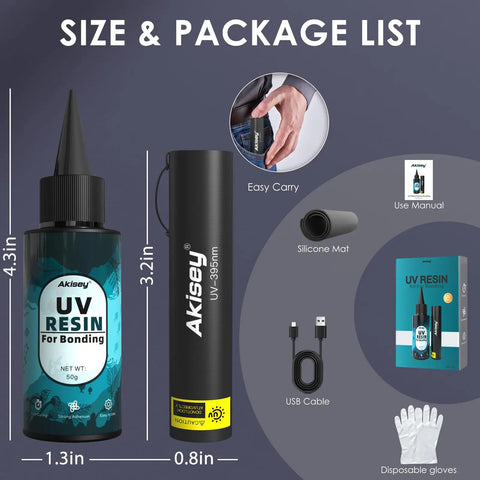 All-In-One UV Resin Kit With Rechargeable 395Nm Light, 50g Fast-Cure Resin, silicone mat, gloves, and USB cable visible in package