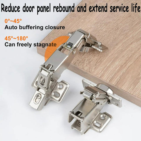No Drama Heavy Duty Soft Close 180 Degree Concealed Adjustable Cabinet Hinges 2 Pack Full Overlay Nickel Plated Steel, showcasing flexibility and buffer features.