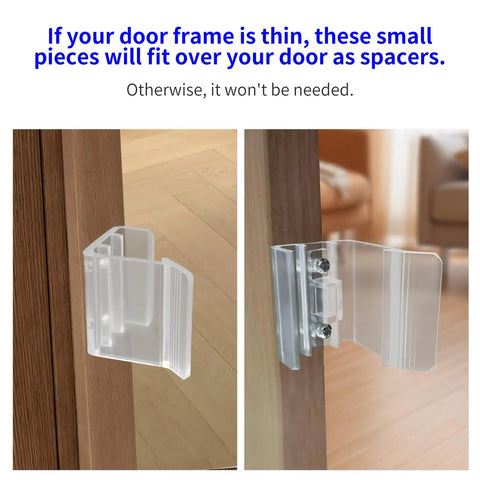 Heavy Duty Universal RV Sliding Closet Door Latches With Slick Hardware Kit spacer pieces fitting over thin door frame.