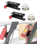 Off Road Roll Bar Mount For Fire Extinguisher And Water Bottle Quick Release Adjustable Aluminum Bracket Fits Jeep Wrangler Gladiator Ford Bronco UTV Polaris RZR Can Am ATV Durable Easy Install, shown with brackets and installed on roll bars.