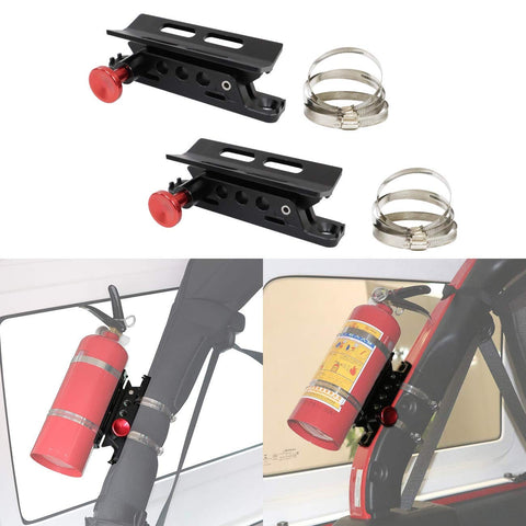 Off Road Roll Bar Mount For Fire Extinguisher And Water Bottle Quick Release Adjustable Aluminum Bracket Fits Jeep Wrangler Gladiator Ford Bronco UTV Polaris RZR Can Am ATV Durable Easy Install, shown with brackets and installed on roll bars.