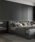 24 Inch By 196 Inch Black Wood Peel And Stick Wallpaper in elegant grey bedroom with modern furniture and textured accents