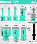 Pro Grade Diamond Core Drill Bit Set 9 Piece For Tile Marble Porcelain Ceramic Concrete Masonry With 6mm 8mm 10mm 20mm 25mm 35mm 50mm Core Bits, 10 To 25mm Finger Bit, And SDS Plus Adapter For Dry Or Wet Drilling layout showing product sizes and details.