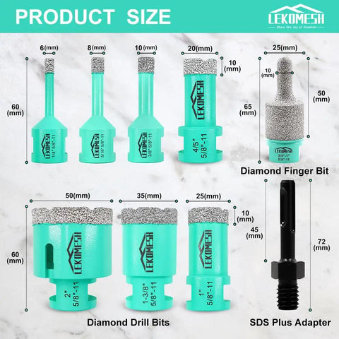 Pro Grade Diamond Core Drill Bit Set 9 Piece For Tile Marble Porcelain Ceramic Concrete Masonry With 6mm 8mm 10mm 20mm 25mm 35mm 50mm Core Bits, 10 To 25mm Finger Bit, And SDS Plus Adapter For Dry Or Wet Drilling layout showing product sizes and details.