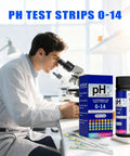 Scientist using microscope beside PH Test Strips Kit 0 To 14 With 200 Strips for liquid testing in labs and DIY projects