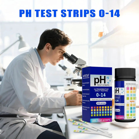 Scientist using microscope beside PH Test Strips Kit 0 To 14 With 200 Strips for liquid testing in labs and DIY projects