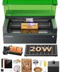 Beast 20W Laser Cutter And Engraver For Wood Metal And Acrylic With Rotary Bundle showing open bed and rotary tools.