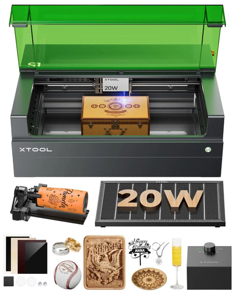 Beast 20W Laser Cutter And Engraver For Wood Metal And Acrylic With Rotary Bundle showing open bed and rotary tools.
