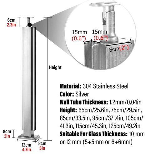 Hella Sturdy Gold Stainless Steel Deck Railing Posts For 10Mm To 12Mm Glass Panels Chef Kiss Finish showing height and dimensions.