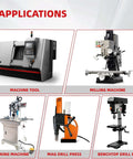 Applications collage of metalworking tools showing machine tool, milling machine, boring machine, magnetic drill press, and benchtop drill press.