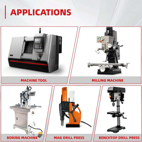 Applications collage of metalworking tools showing machine tool, milling machine, boring machine, magnetic drill press, and benchtop drill press.