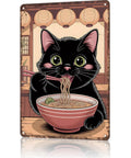 Retro Style Cat Eating Ramen Metal Sign 8x12 Inch Tin Sign Poster with black cat and ramen bowl, lanterns in background.