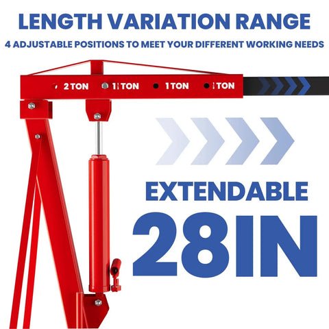 Adjustable boom arm on Heavy Duty 5000 Lbs Engine Hoist Cherry Picker showing 28in extendable range and 4 positions.