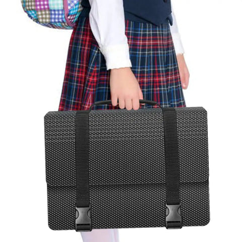 Slick Grab And Go Accordion File Organizer With Hella Spacious Pockets For Letter Size Paperwork Heavy Duty Expandable Document Holder held by a student.