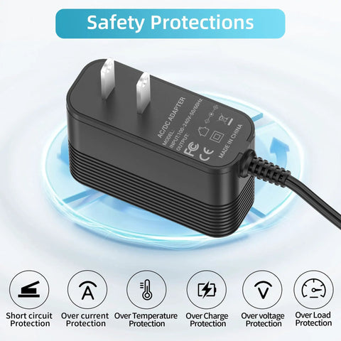 Universal Power Cord For Elliptical And Cardio Machines Replacement Charger Cable with safety features icons visible.