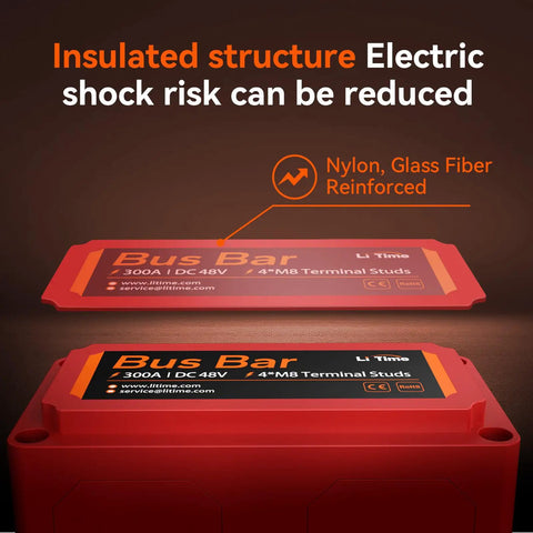 Premium Copper Bus Bar Power Distribution Block 300 Amp 4 M8 Studs 48V DC Max Red with insulated structure and nylon reinforcement.