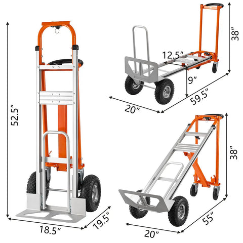 3 In 1 Convertible Hand Truck Aluminum Utility Dolly Cart with 880 lb capacity in different positions with dimensions