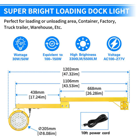 Tough As Nails 30W LED Loading Dock Light With 43 Inch Swivel Arm 3300 Lumen Blazing Output detailed dimensions and specifications
