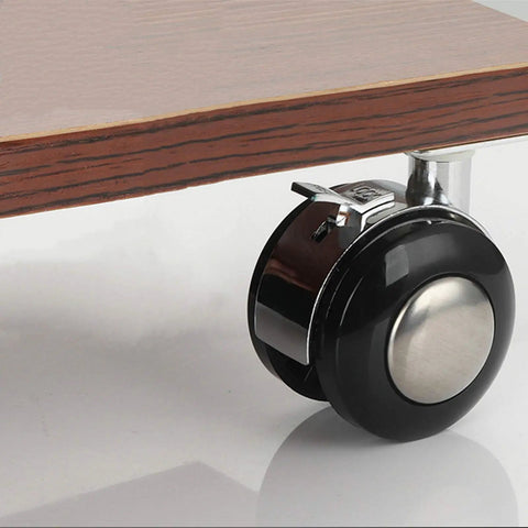 Darn Smooth Dual Swivel Casters Replacement Trolley Wheels For Office Chairs And Sofas With No Sweat Moving Heavy Built Tough Twin Rollers Universal M10 Stem Two Inch Plastic Glide Non Marking Finish close-up of black twin roller caster with chrome accent on furniture