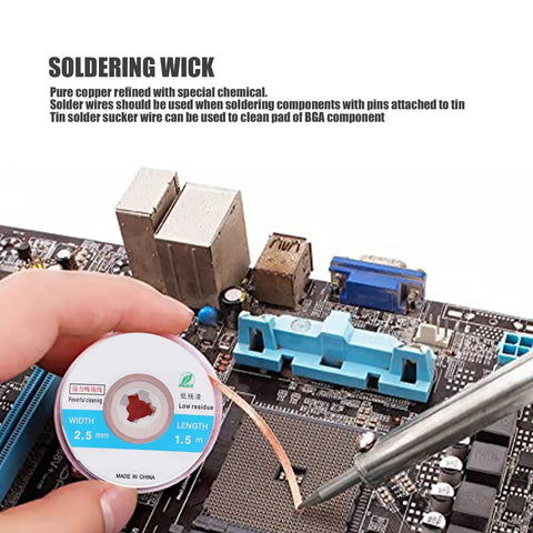 High Efficiency Copper Desoldering Wick No Clean Solder Removal For PCB Cleaning 5 Pack 4.9 Feet Each demonstrating usage on circuit board