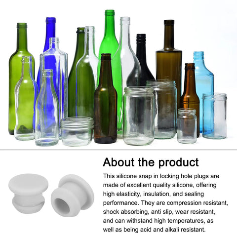 Heavy Duty Silicone Snap In Locking Hole Plugs For Kitchen Sink And Cabinet Cutouts Waterproof Gray Sealing Caps With Nail Hard Grip And Zero Leak Seal Nine Point Five Millimeter Pack Of Ten displayed with colorful glass bottles.
