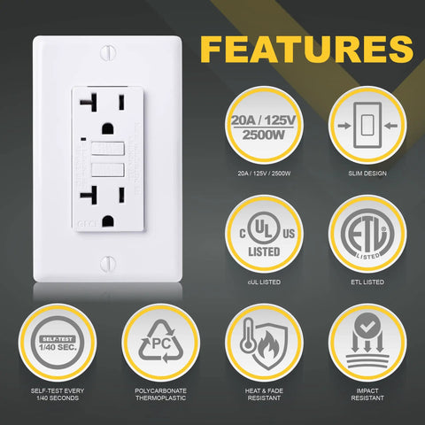 Three Pack GFCI Outlet 20 Amp with LED Indicator, Self-Test, Non-Tamper-Resistant GFCI Duplex Receptacles, ETL Listed, White, 125V, 2500W, NEC Compliant, Slim Design for Easy Install