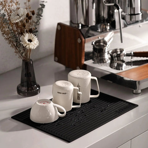 Coffee mugs and frothing pitcher near espresso machine, featuring Milk Frothing Pitcher 12oz 350ml Stainless Steel For Espresso And Latte Art