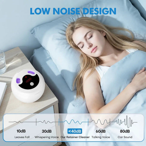 Woman sleeping beside 48kHz Ultrasonic Retainer Cleaner For Dentures Mouth Guards Braces Aligners Toothbrushes And Jewelry 200ML