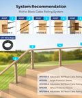 Diagram of Black Matte Finish Cable Railing Kit and Hardware for Wood Posts with T316 fittings, shown in five post configurations.