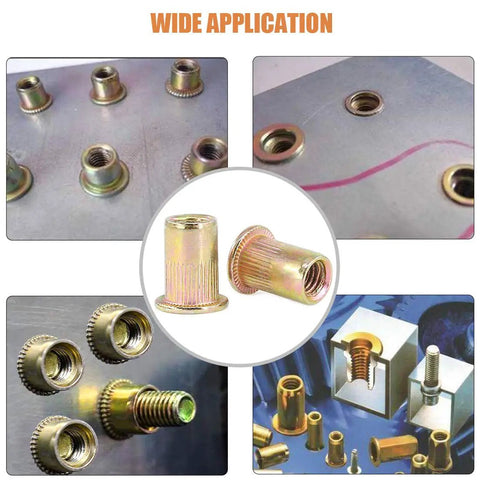 100Pcs M8 Rivet Nuts Kit Zinc Plated Carbon Steel Flat Head Threaded Inserts for Furniture and DIY Projects shown in various applications