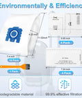 Upgraded 16 Pack 3D AirClean Dust Bags Replacement For GN Vacuum Cleaners with dimensions and efficiency details.